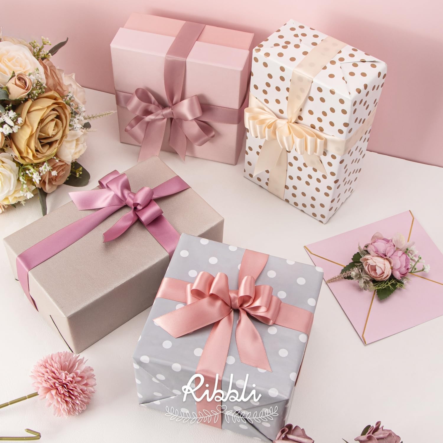 Ribbli Dusty Blue Satin Ribbon 3/8 Inch x 4 Rolls Total 40 Yards- Light Blue/Dusty Blue/Smoke Blue/Light Navy Ribbon for Wrapping and Craft(Dusty Rose)
