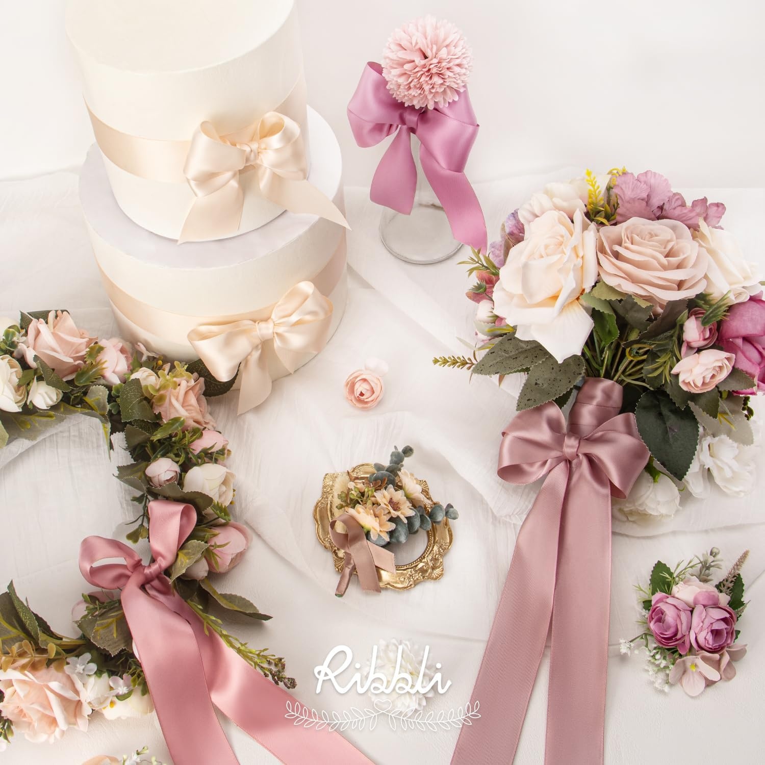 Ribbli Dusty Blue Satin Ribbon 3/8 Inch x 4 Rolls Total 40 Yards- Light Blue/Dusty Blue/Smoke Blue/Light Navy Ribbon for Wrapping and Craft(Dusty Rose)
