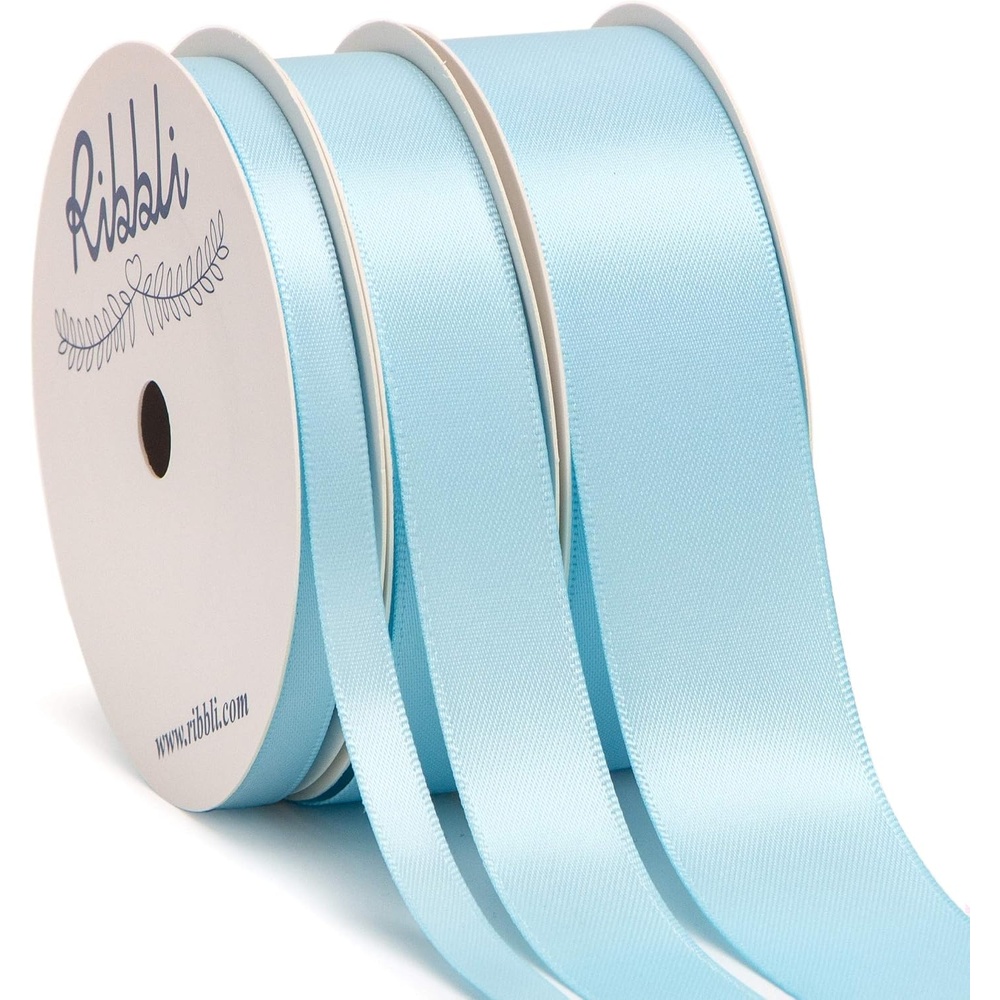 Ribbli 3 Rolls Double Faced Satin Red Craft Ribbon,Total 30 Yards,(1/4 Inch x 10-Yard,5/8 Inch x 10-Yard,1 Inch x 10-Yard),Use for Bows Bouquet,Wreath,Gift Wrapping,Christmas Decoration(Light Blue)