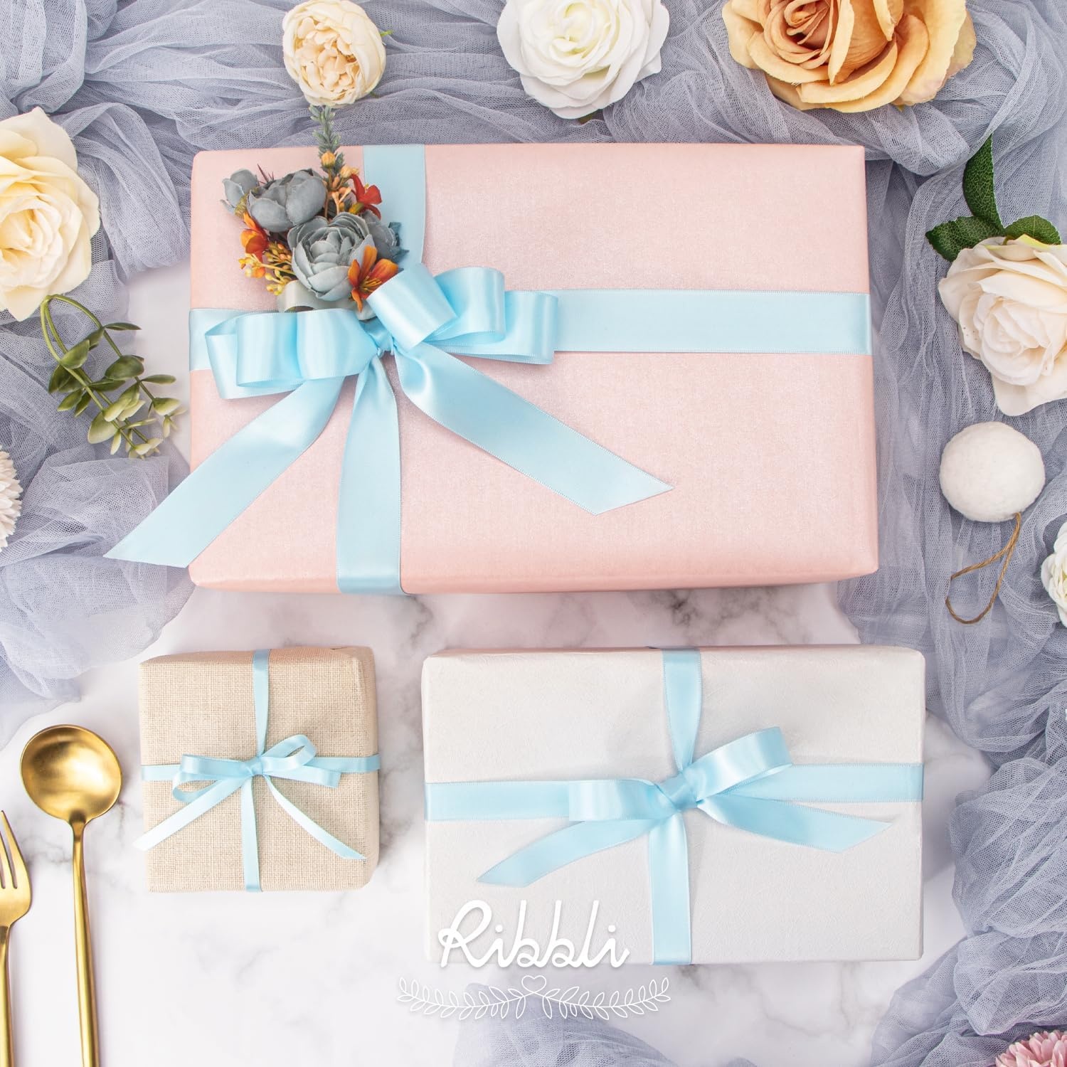 Ribbli 3 Rolls Double Faced Satin Red Craft Ribbon,Total 30 Yards,(1/4 Inch x 10-Yard,5/8 Inch x 10-Yard,1 Inch x 10-Yard),Use for Bows Bouquet,Wreath,Gift Wrapping,Christmas Decoration(Light Blue)