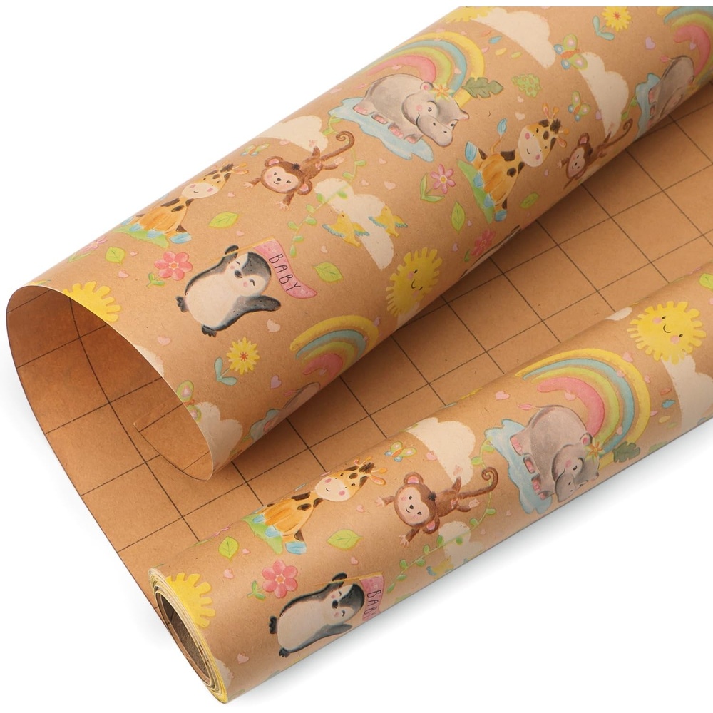 Ribbli Birthday Wrapping Paper Animal and Balloon Vintage Style Kraft Mini Roll Paper Perfect for Baby Shower Boys Girls Kids Birthday – 17Inch x 394Inch(33Feet)(Kraft/Baby)
