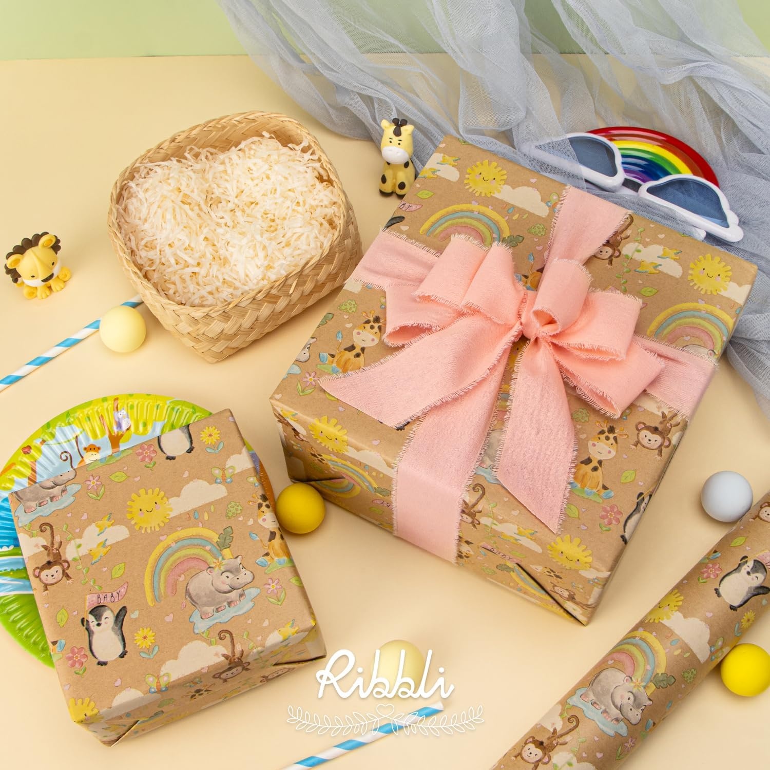 Ribbli Birthday Wrapping Paper Animal and Balloon Vintage Style Kraft Mini Roll Paper Perfect for Baby Shower Boys Girls Kids Birthday – 17Inch x 394Inch(33Feet)(Kraft/Baby)