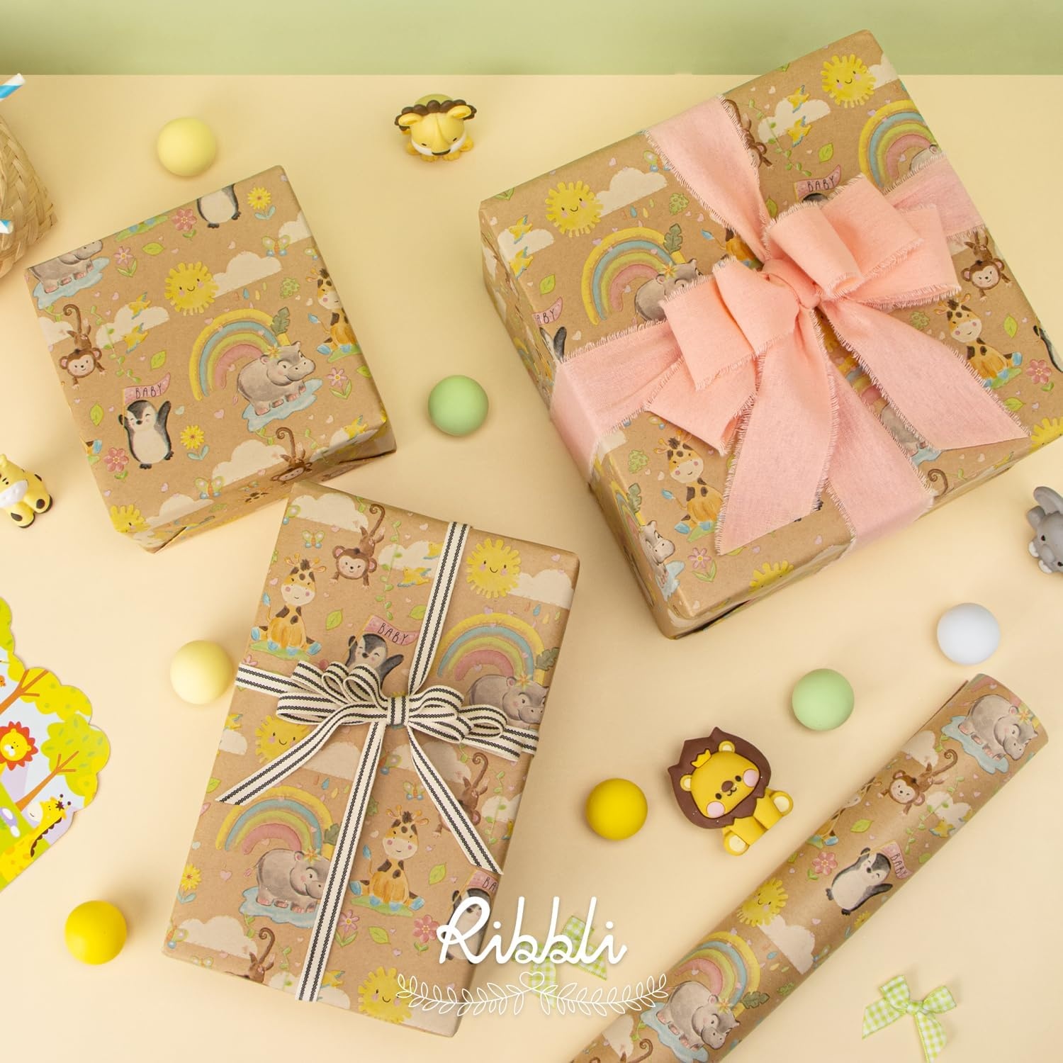 Ribbli Birthday Wrapping Paper Animal and Balloon Vintage Style Kraft Mini Roll Paper Perfect for Baby Shower Boys Girls Kids Birthday – 17Inch x 394Inch(33Feet)(Kraft/Baby)