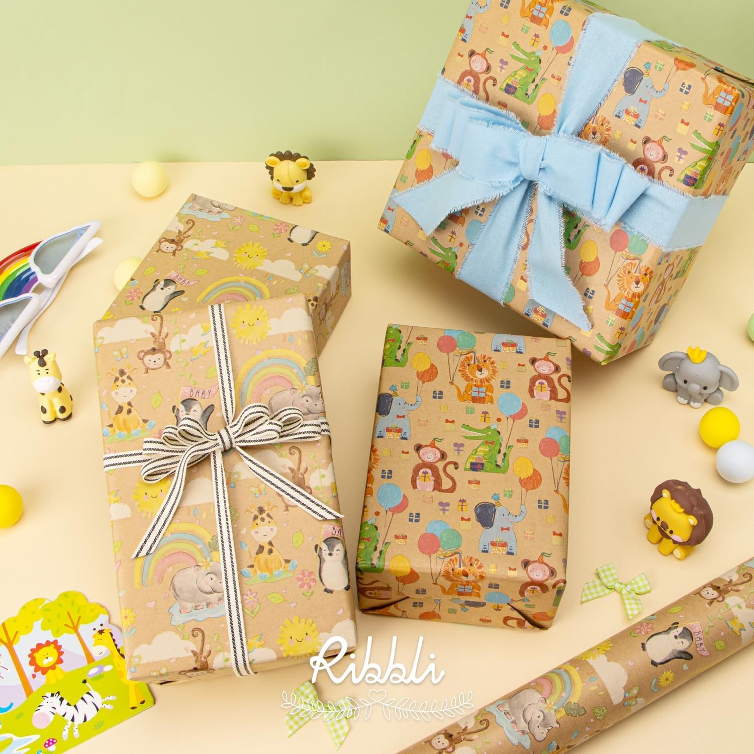 Ribbli Birthday Wrapping Paper Animal and Balloon Vintage Style Kraft Mini Roll Paper Perfect for Baby Shower Boys Girls Kids Birthday – 17Inch x 394Inch(33Feet)(Kraft/Baby)