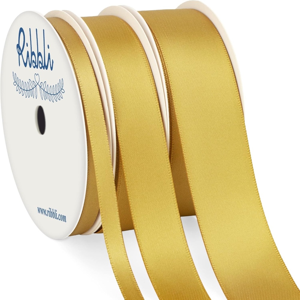 Ribbli 3 Rolls Double Faced Satin Red Craft Ribbon,Total 30 Yards,(1/4 Inch x 10-Yard,5/8 Inch x 10-Yard,1 Inch x 10-Yard),Use for Bows Bouquet,Wreath,Gift Wrapping,Christmas Decoration(Gold)