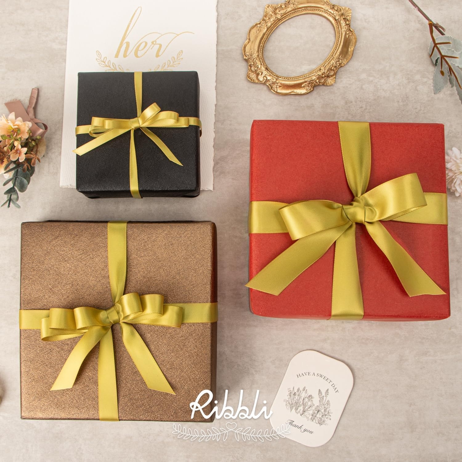 Ribbli 3 Rolls Double Faced Satin Red Craft Ribbon,Total 30 Yards,(1/4 Inch x 10-Yard,5/8 Inch x 10-Yard,1 Inch x 10-Yard),Use for Bows Bouquet,Wreath,Gift Wrapping,Christmas Decoration(Gold)