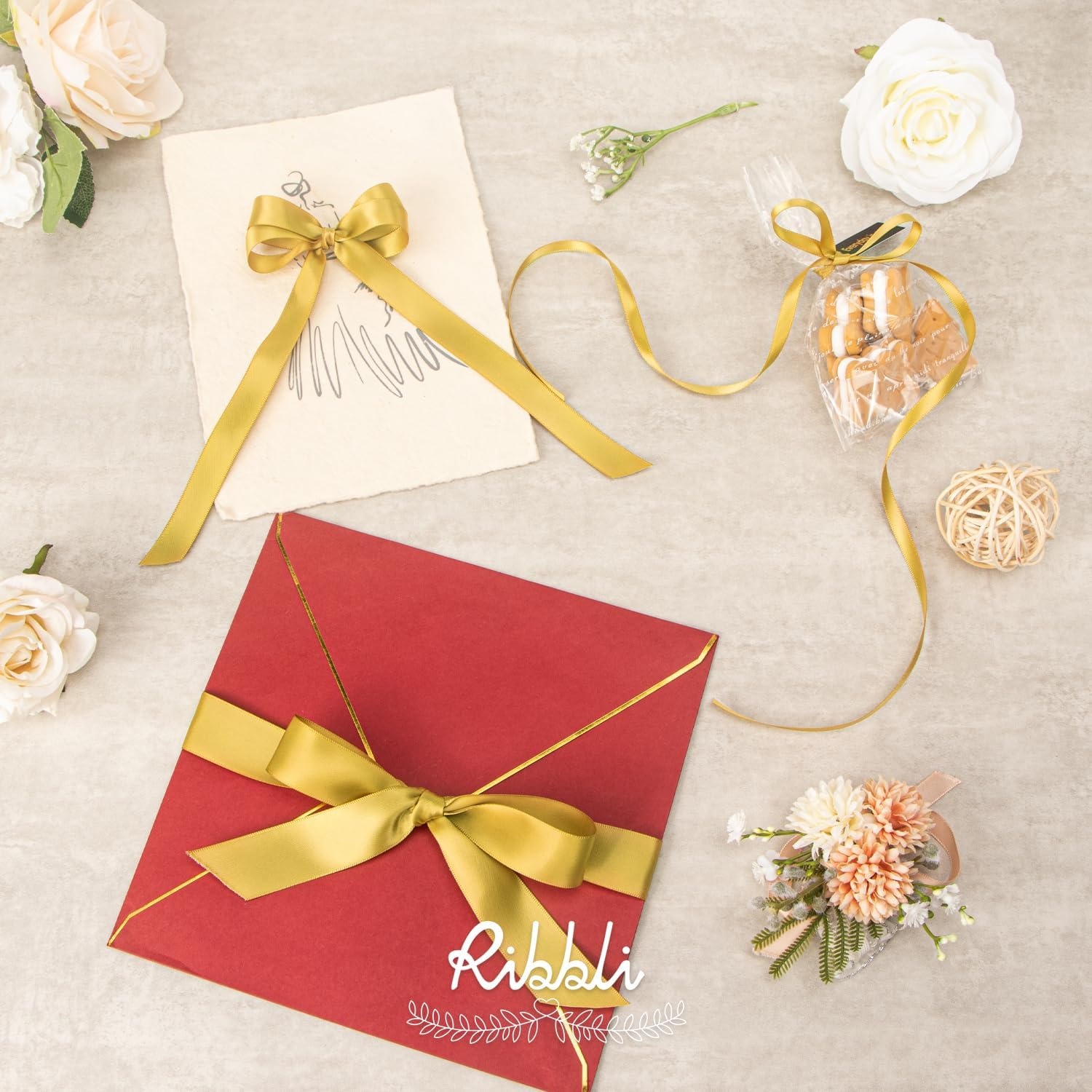 Ribbli 3 Rolls Double Faced Satin Red Craft Ribbon,Total 30 Yards,(1/4 Inch x 10-Yard,5/8 Inch x 10-Yard,1 Inch x 10-Yard),Use for Bows Bouquet,Wreath,Gift Wrapping,Christmas Decoration(Gold)