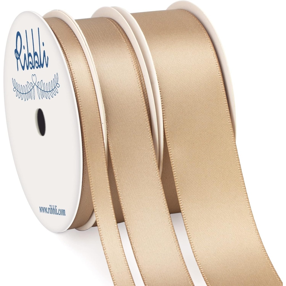 Ribbli 3 Rolls Double Faced Satin Red Craft Ribbon,Total 30 Yards,(1/4 Inch x 10-Yard,5/8 Inch x 10-Yard,1 Inch x 10-Yard),Use for Bows Bouquet,Wreath,Gift Wrapping,Christmas Decoration(Champagne)