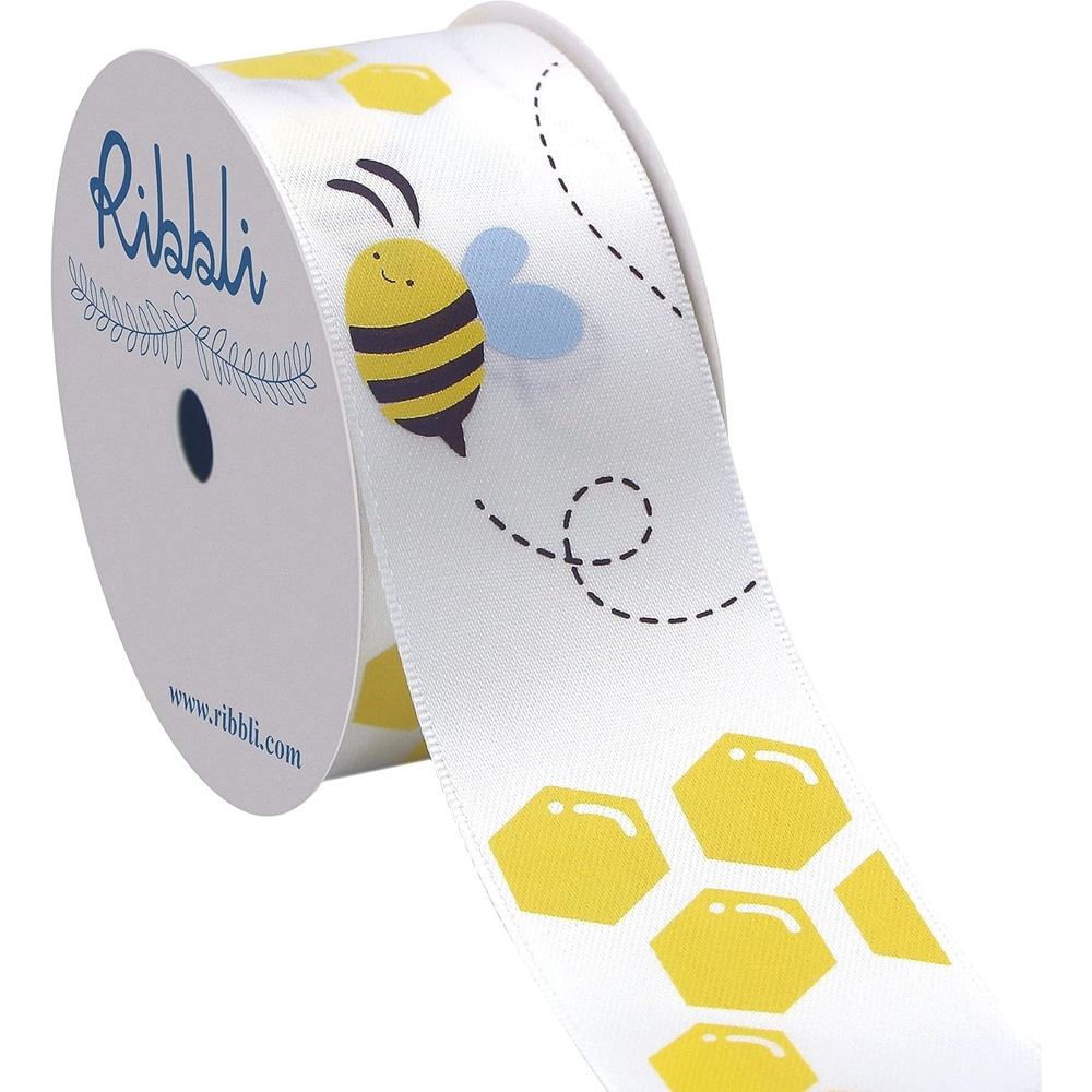 Ribbli Satin Bee Craft Ribbon,1-1/2 Inch x 10 Yard,Yellow/White/Brown,Use for Hair Bows,Wreath,Birthday,Baby Shower,Diaper Cake,Gift Wrapping,Party Decoration,All Crafting and Sewing