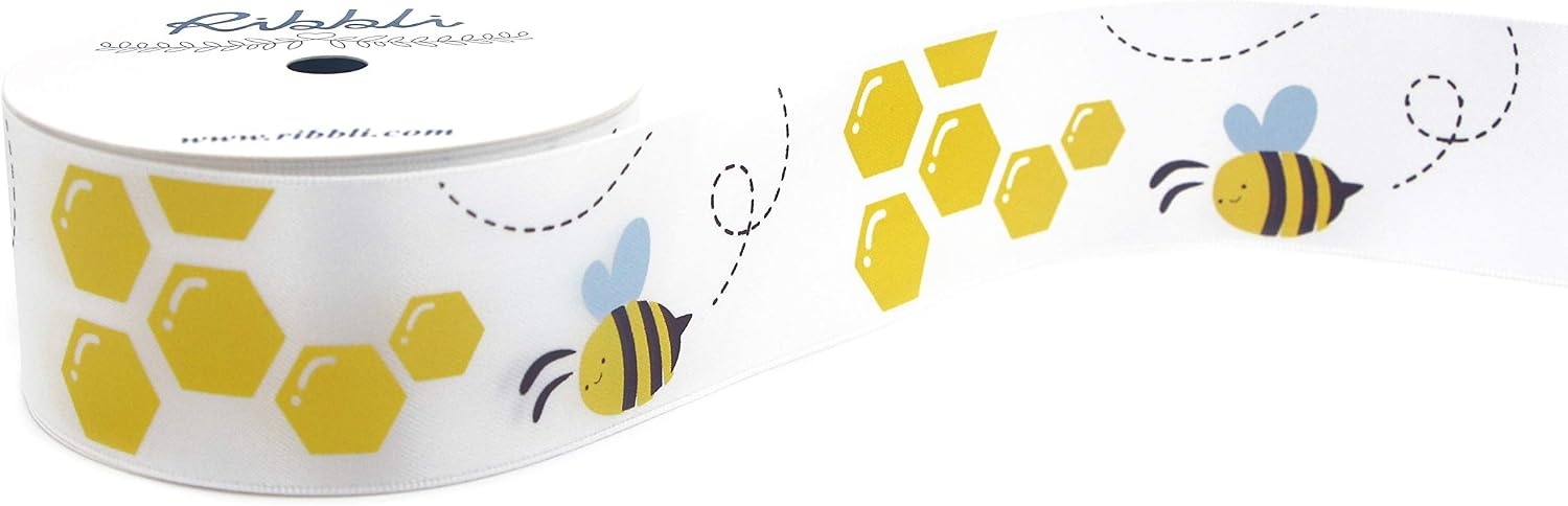 Ribbli Satin Bee Craft Ribbon,1-1/2 Inch x 10 Yard,Yellow/White/Brown,Use for Hair Bows,Wreath,Birthday,Baby Shower,Diaper Cake,Gift Wrapping,Party Decoration,All Crafting and Sewing
