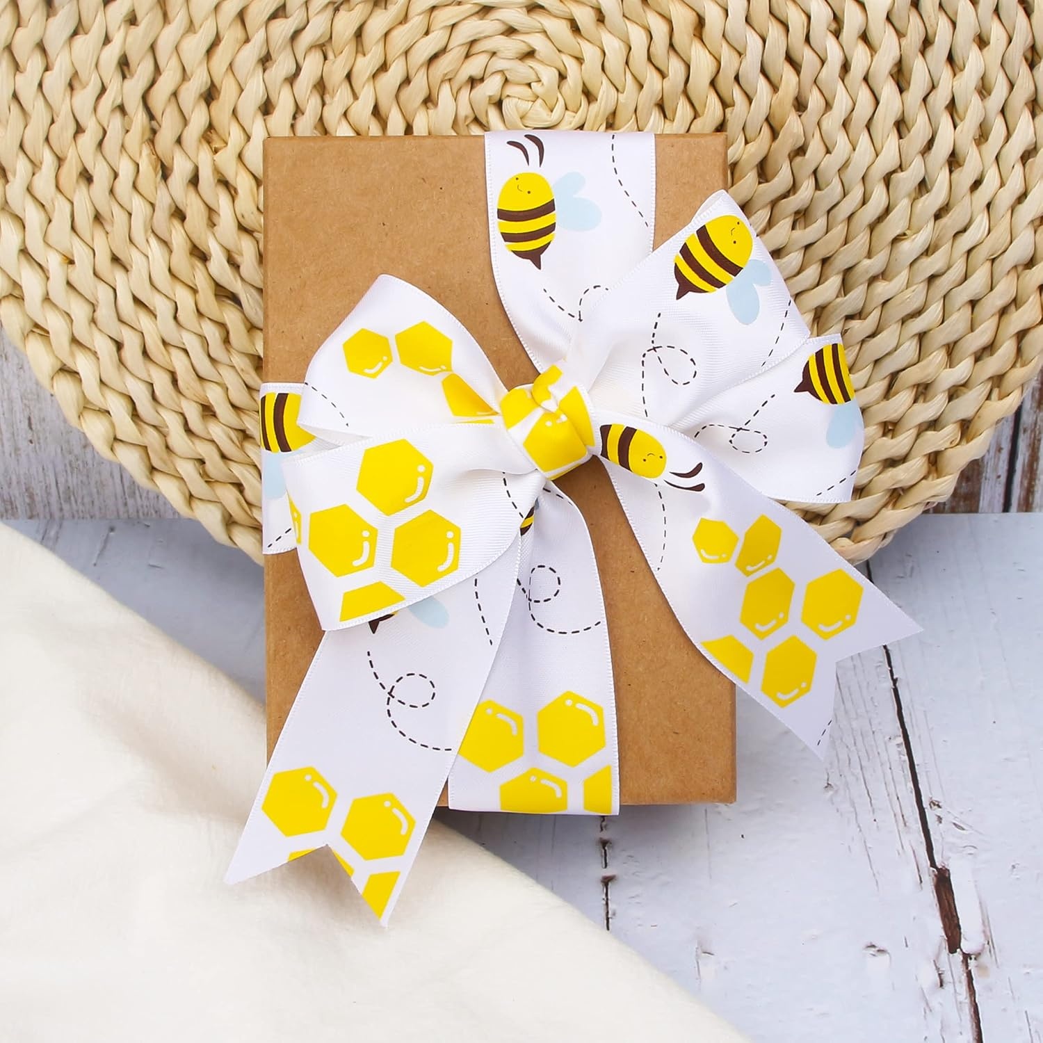 Ribbli Satin Bee Craft Ribbon,1-1/2 Inch x 10 Yard,Yellow/White/Brown,Use for Hair Bows,Wreath,Birthday,Baby Shower,Diaper Cake,Gift Wrapping,Party Decoration,All Crafting and Sewing