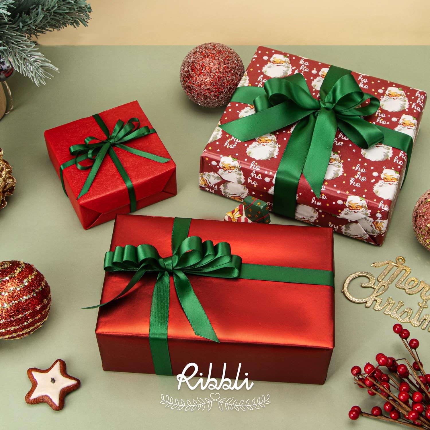 Ribbli 3 Rolls Double Faced Satin Red Craft Ribbon,Total 30 Yards,(1/4 Inch x 10-Yard,5/8 Inch x 10-Yard,1 Inch x 10-Yard),Use for Bows Bouquet,Wreath,Gift Wrapping,Christmas Decoration(Forest Green)