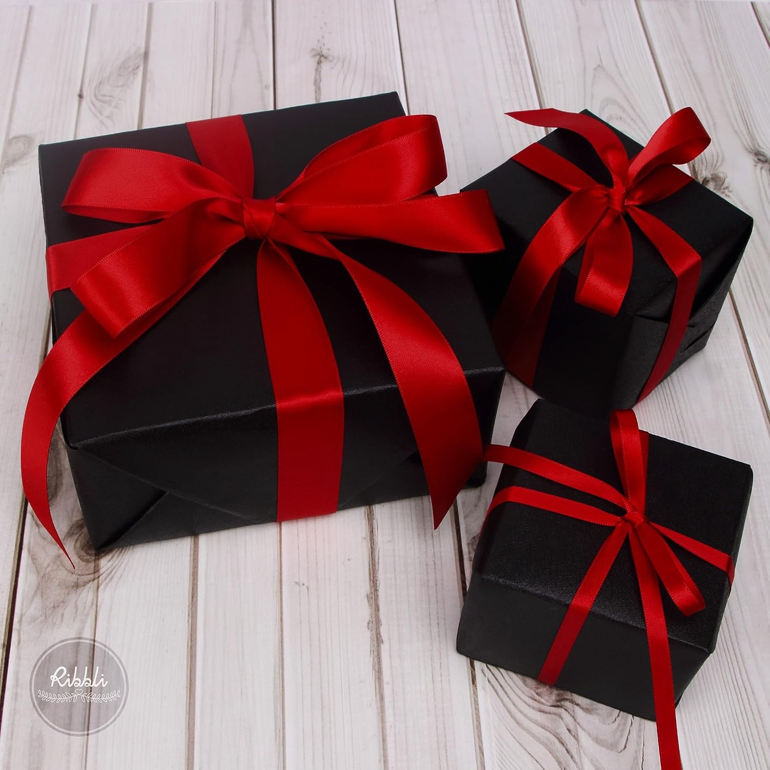 Ribbli 3 Rolls Double Faced Satin Red Craft Ribbon,Total 30 Yards,(1/4 Inch x 10-Yard,5/8 Inch x 10-Yard,1 Inch x 10-Yard),Use for Bows Bouquet,Wreath,Gift Wrapping,Christmas Decoration(Red)