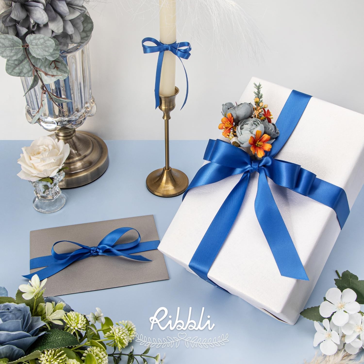 Ribbli 3 Rolls Double Faced Satin Red Craft Ribbon,Total 30 Yards,(1/4 Inch x 10-Yard,5/8 Inch x 10-Yard,1 Inch x 10-Yard),Use for Bows Bouquet,Wreath,Gift Wrapping,Christmas Decoration(Royal Blue)