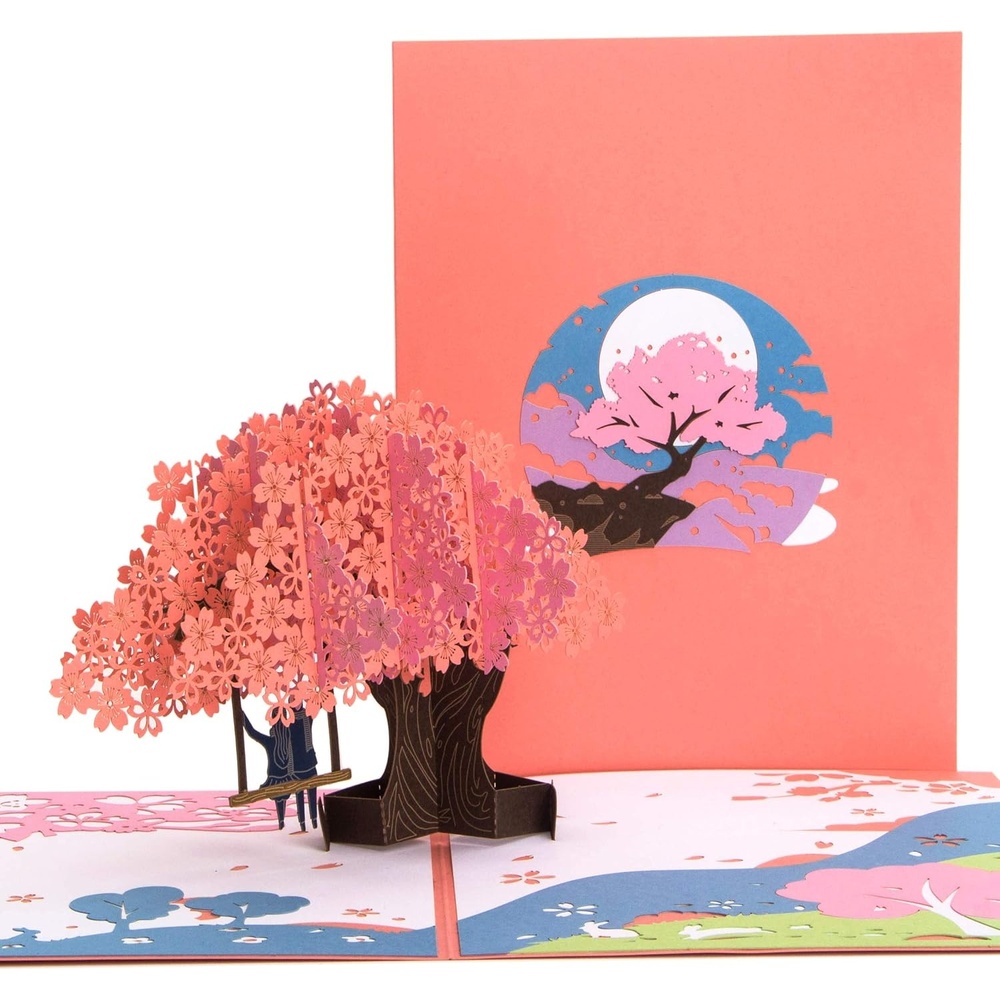 Ribbli Cherry Blossoms and Swing 3D Pop Up Card, Anniversary Card, Valentines Day Card, Romantic Gift, Birthday Card for Wife Husband Couple Girlfriend Boyfriend, with Envelope