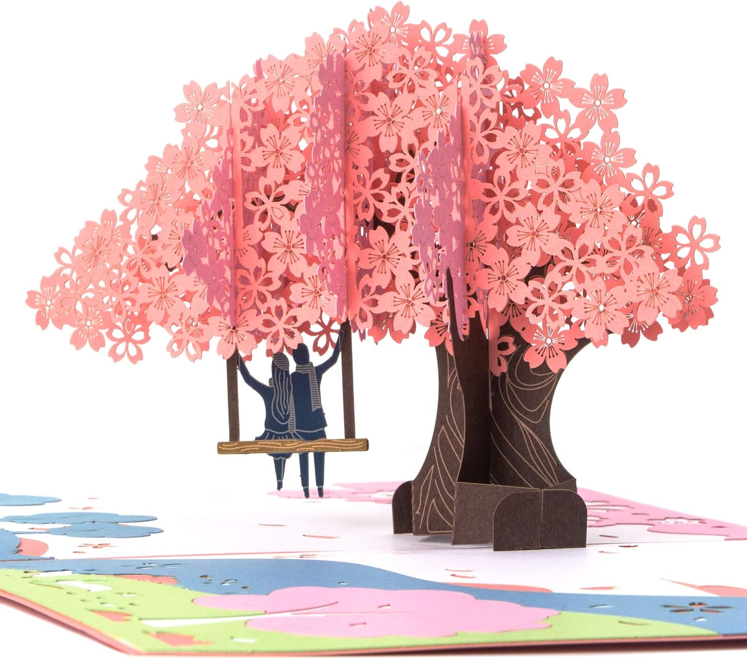 Ribbli Cherry Blossoms and Swing 3D Pop Up Card, Anniversary Card, Valentines Day Card, Romantic Gift, Birthday Card for Wife Husband Couple Girlfriend Boyfriend, with Envelope