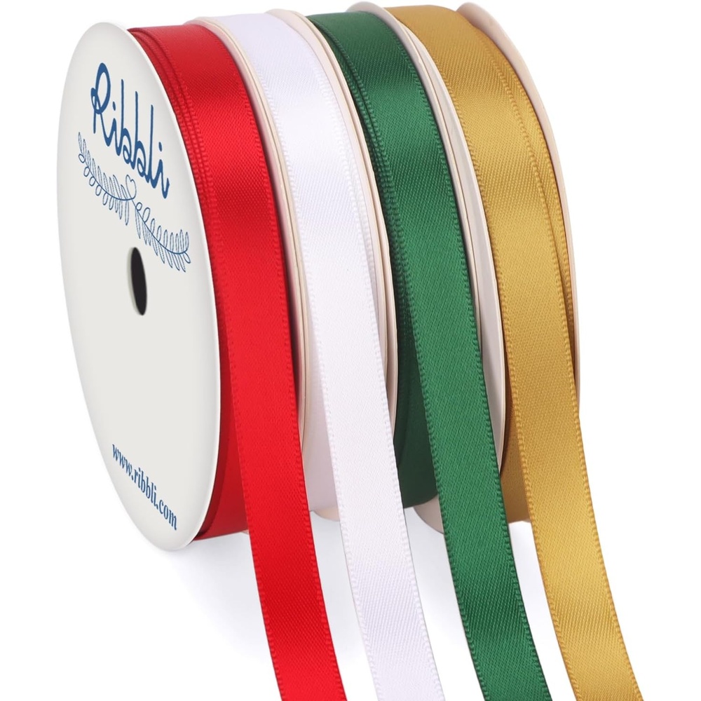 Ribbli Dusty Blue Satin Ribbon 3/8 Inch x 4 Rolls Total 40 Yards- Light Blue/Dusty Blue/Smoke Blue/Light Navy Ribbon for Wrapping and Craft(Red/White/Green/Gold)