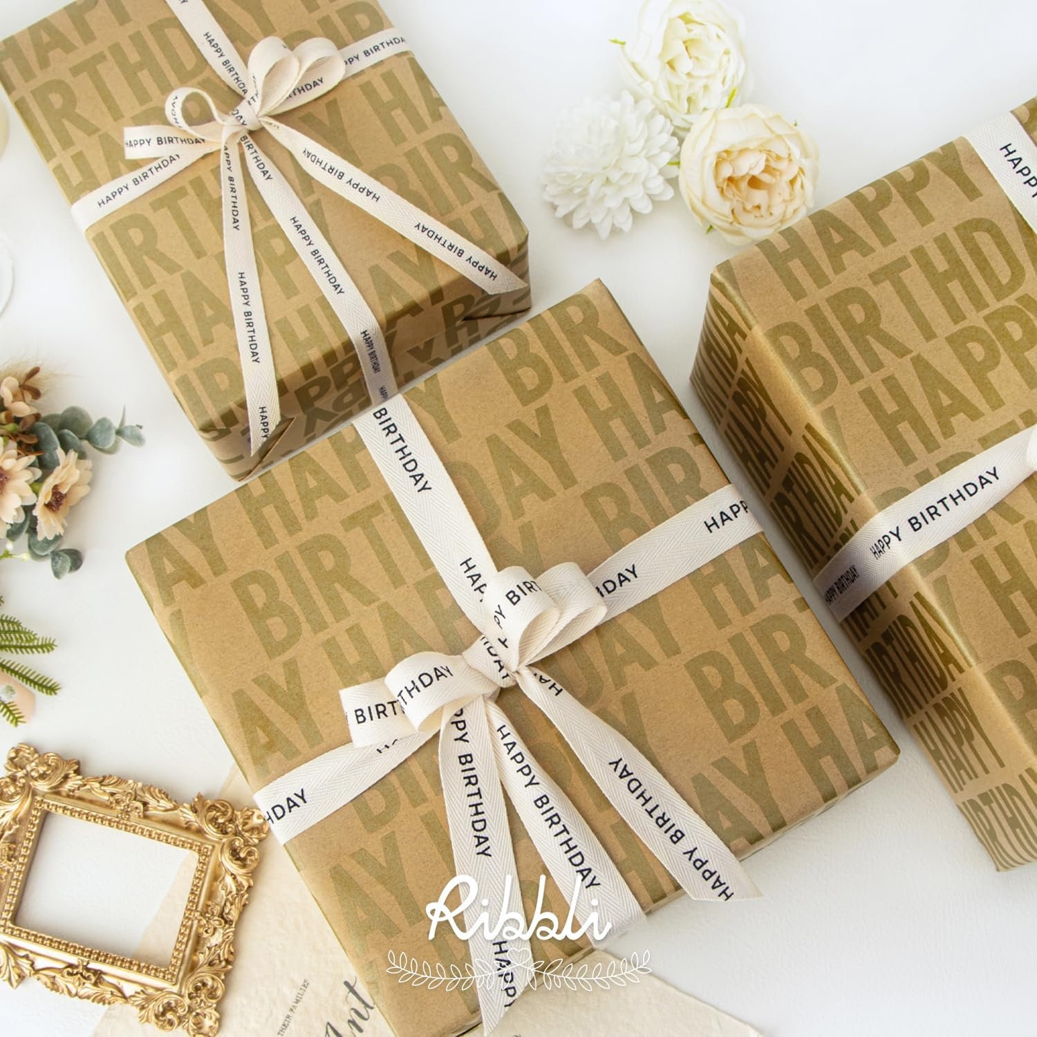 Ribbli Birthday Wrapping Paper Animal and Balloon Vintage Style Kraft Mini Roll Paper Perfect for Baby Shower Boys Girls Kids Birthday – 17Inch x 394Inch(33Feet)(Gold)