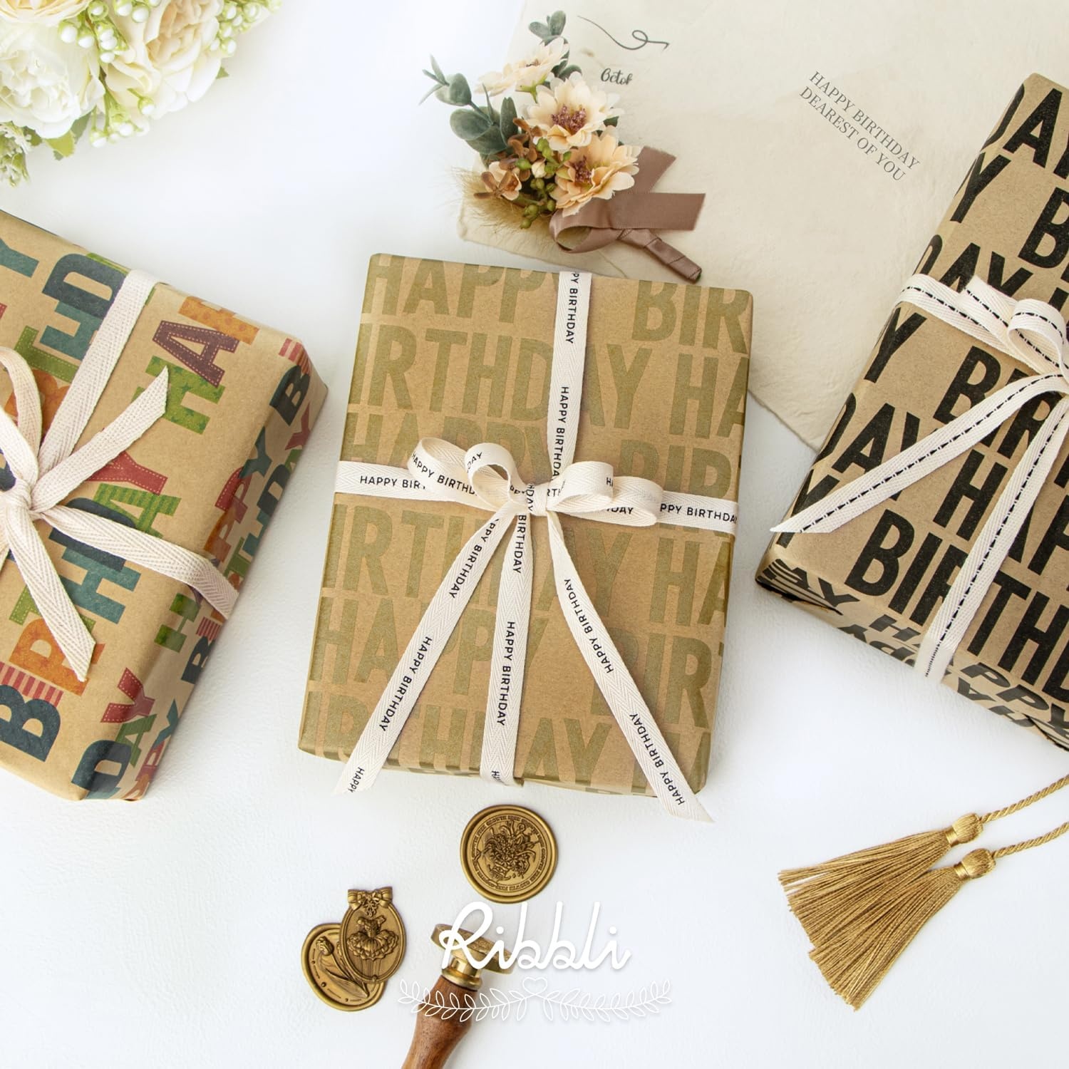Ribbli Birthday Wrapping Paper Animal and Balloon Vintage Style Kraft Mini Roll Paper Perfect for Baby Shower Boys Girls Kids Birthday – 17Inch x 394Inch(33Feet)(Gold)