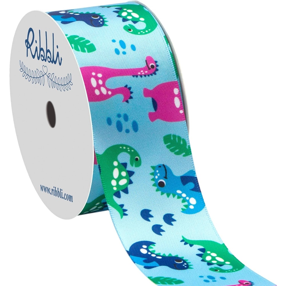 Ribbli Satin Dinosaur Pattern Craft Ribbon,1-1/2 Inch x 10 Yard,Blue/Green/Pink,Use for Hair Bows,Wreath,Birthday,Baby Shower,Diaper Cake,Gift Wrapping,Party Decoration,All Crafting and Sewing