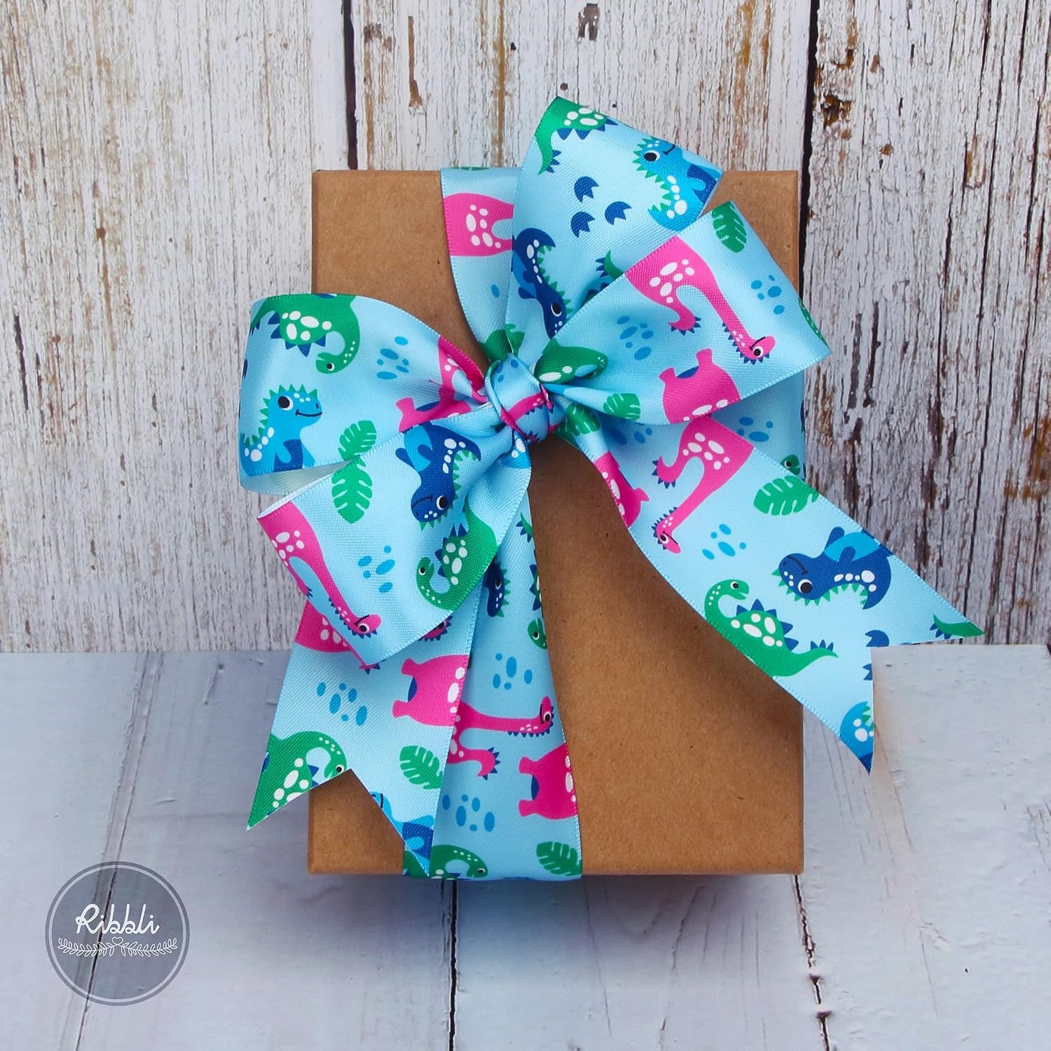 Ribbli Satin Dinosaur Pattern Craft Ribbon,1-1/2 Inch x 10 Yard,Blue/Green/Pink,Use for Hair Bows,Wreath,Birthday,Baby Shower,Diaper Cake,Gift Wrapping,Party Decoration,All Crafting and Sewing