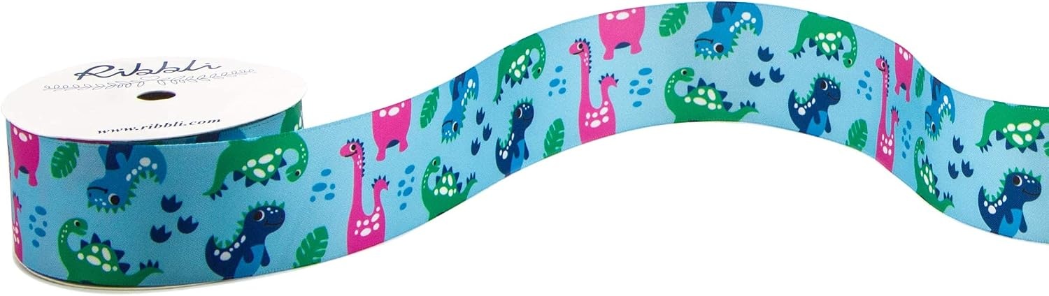 Ribbli Satin Dinosaur Pattern Craft Ribbon,1-1/2 Inch x 10 Yard,Blue/Green/Pink,Use for Hair Bows,Wreath,Birthday,Baby Shower,Diaper Cake,Gift Wrapping,Party Decoration,All Crafting and Sewing