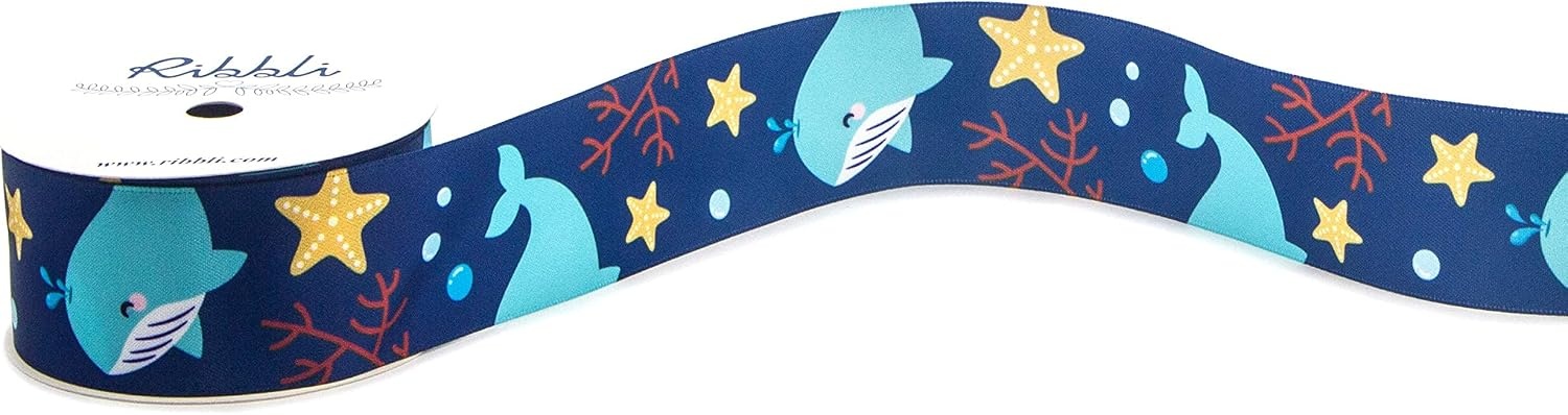Ribbli Satin Whale & Starfish Craft Ribbon,1-1/2 Inch x 10 Yard,Navy/Blue/Yellow/Red,Use for Hair Bows,Wreath,Birthday,Baby Shower,Diaper Cake,Gift Wrapping,Party Decoration,All Crafting and Sewing