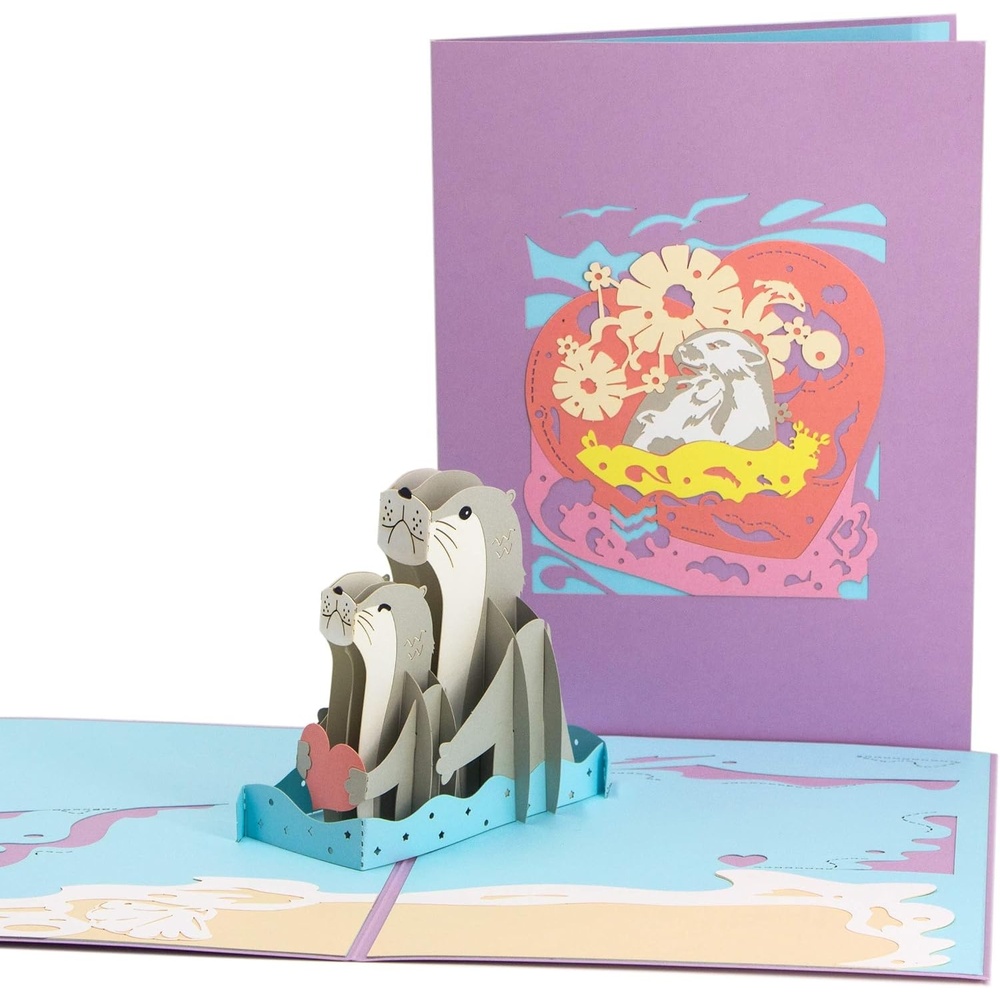 Ribbli 3D Otter Couple Handmade Pop Up Card for Anniversary Valentines Day Wedding, Romantic Gift, Birthday Cards for Wife Husband Couple Parents Girlfriend Boyfriend, with Envelope