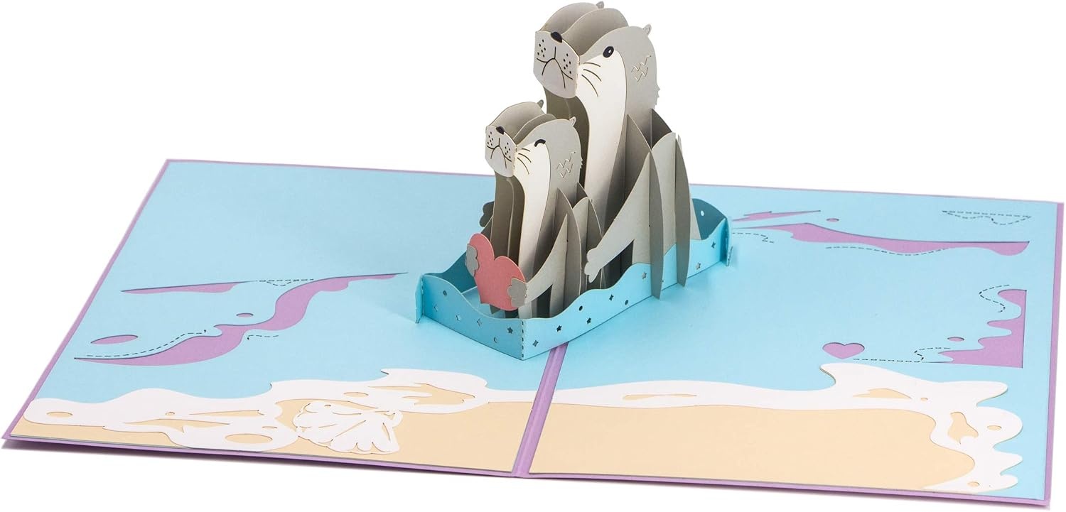 Ribbli 3D Otter Couple Handmade Pop Up Card for Anniversary Valentines Day Wedding, Romantic Gift, Birthday Cards for Wife Husband Couple Parents Girlfriend Boyfriend, with Envelope