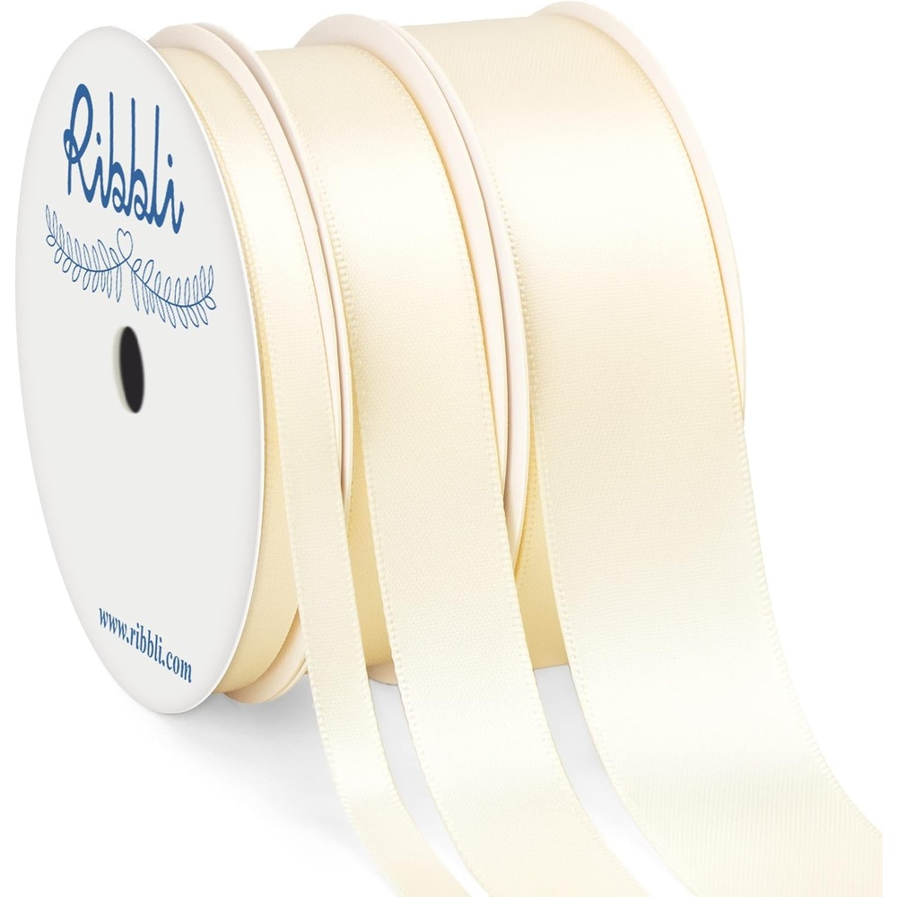 Ribbli 3 Rolls Double Faced Satin Red Craft Ribbon,Total 30 Yards,(1/4 Inch x 10-Yard,5/8 Inch x 10-Yard,1 Inch x 10-Yard),Use for Bows Bouquet,Wreath,Gift Wrapping,Christmas Decoration(Ivory)