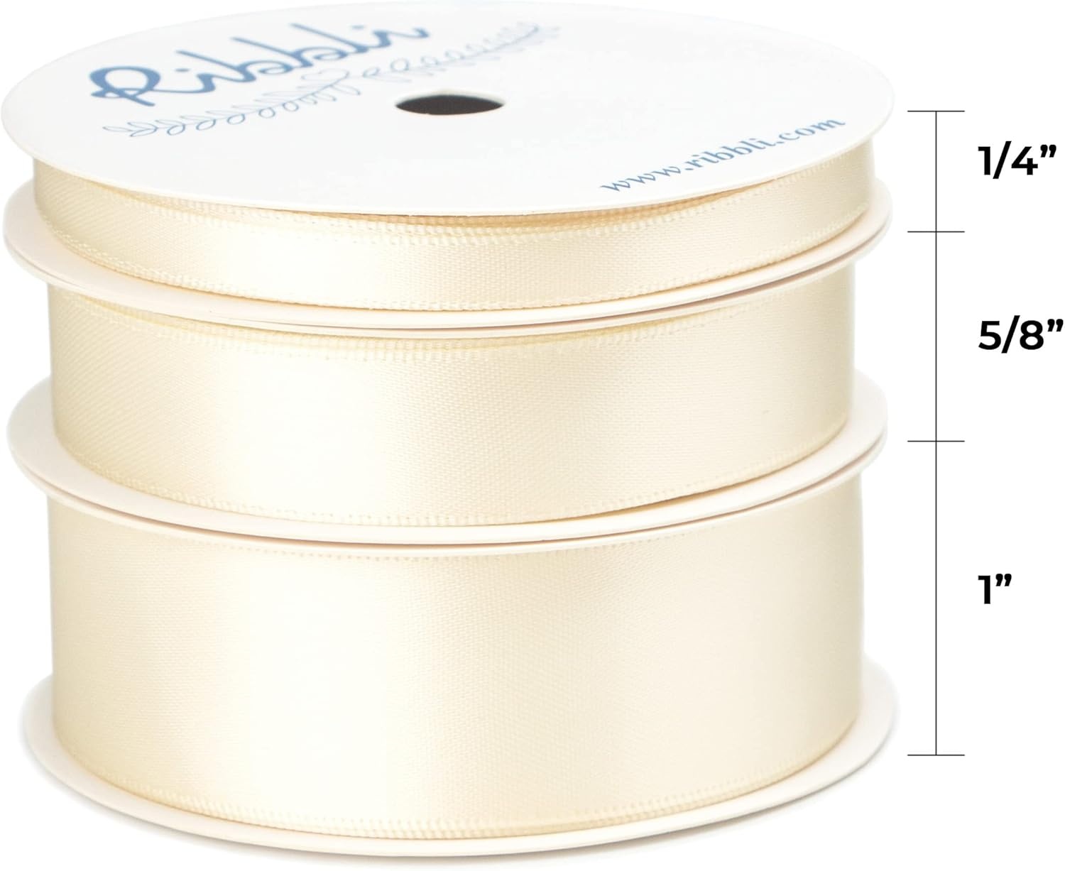 Ribbli 3 Rolls Double Faced Satin Red Craft Ribbon,Total 30 Yards,(1/4 Inch x 10-Yard,5/8 Inch x 10-Yard,1 Inch x 10-Yard),Use for Bows Bouquet,Wreath,Gift Wrapping,Christmas Decoration(Ivory)