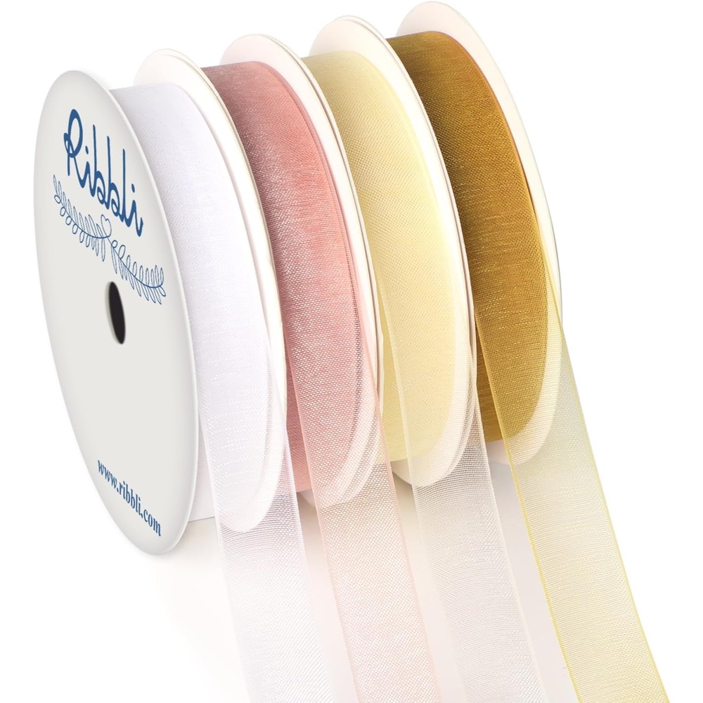 Ribbli 4 Rolls Organza Ribbon 1/2 Inches Total 80 Yard White Rose Gold Ivory Gold Sheer Ribbon for Gift Wrapping,Cookie Wrapping,Wedding Decoration