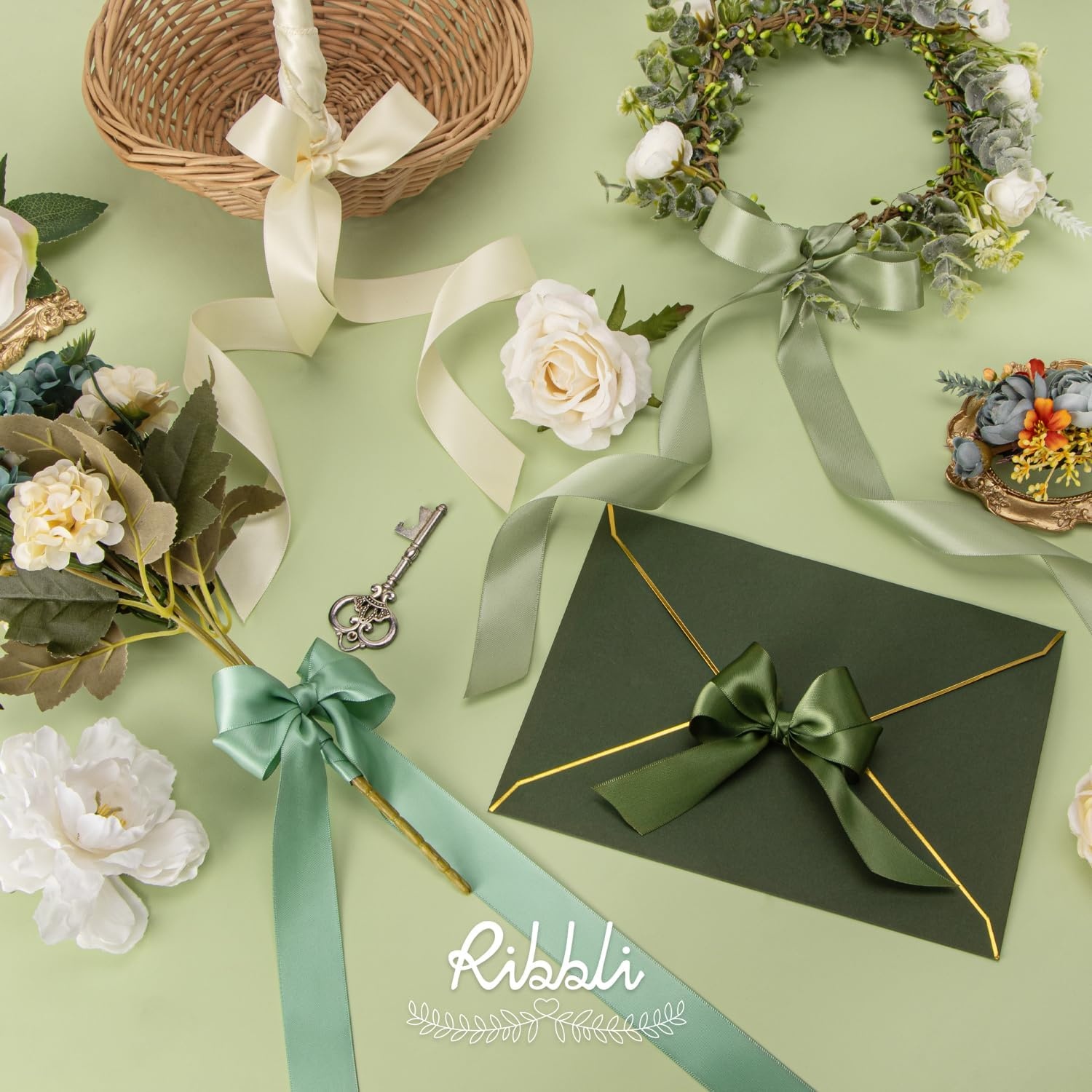 Ribbli Dusty Blue Satin Ribbon 3/8 Inch x 4 Rolls Total 40 Yards- Light Blue/Dusty Blue/Smoke Blue/Light Navy Ribbon for Wrapping and Craft(Sage Green)