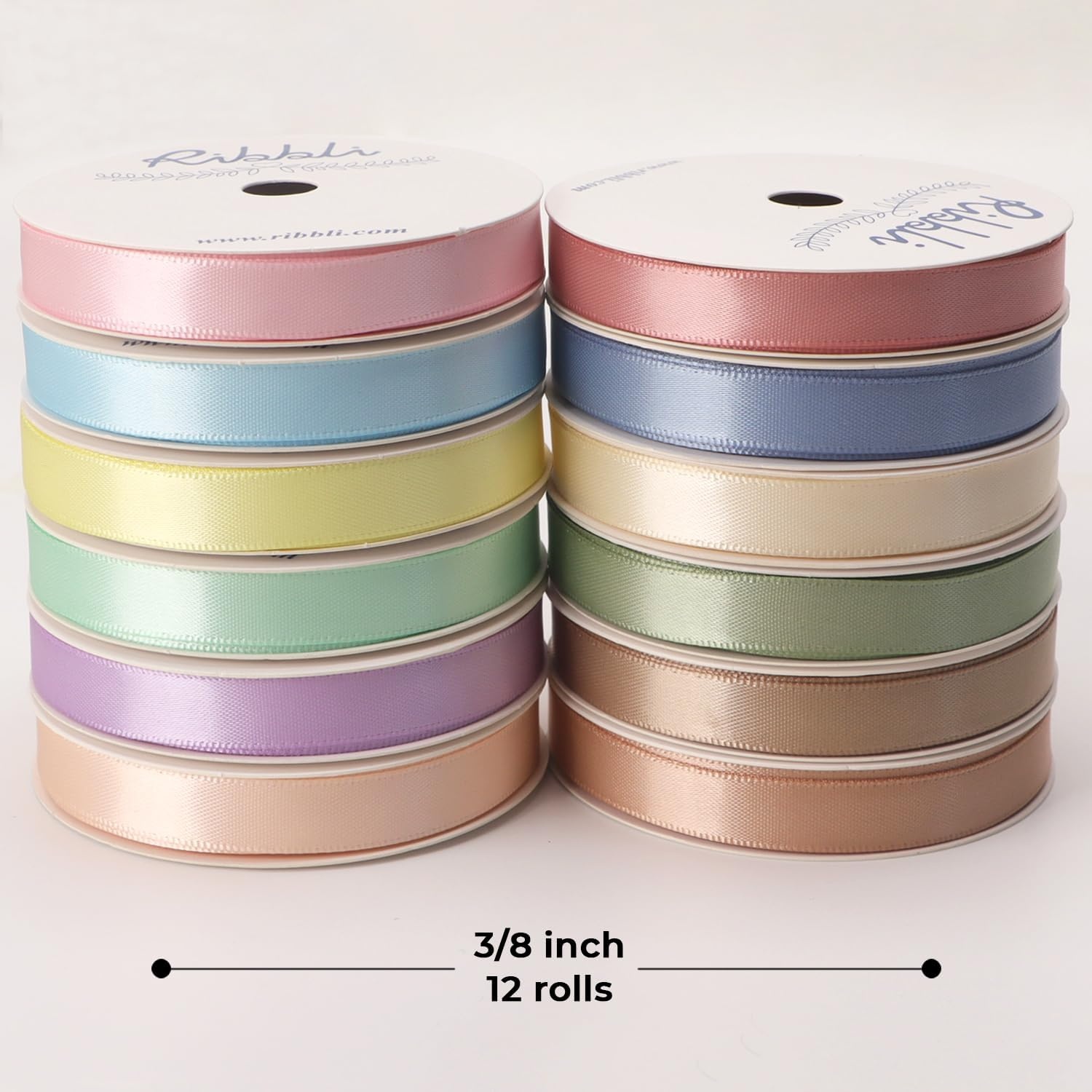 Ribbli Rainbow Satin Ribbon 3/8 Inch x 12 Rolls Total 60 Yards- Colorful Ribbon for Gift Wrapping Craft Party Decoration Baby Shower Wedding(Pastel)