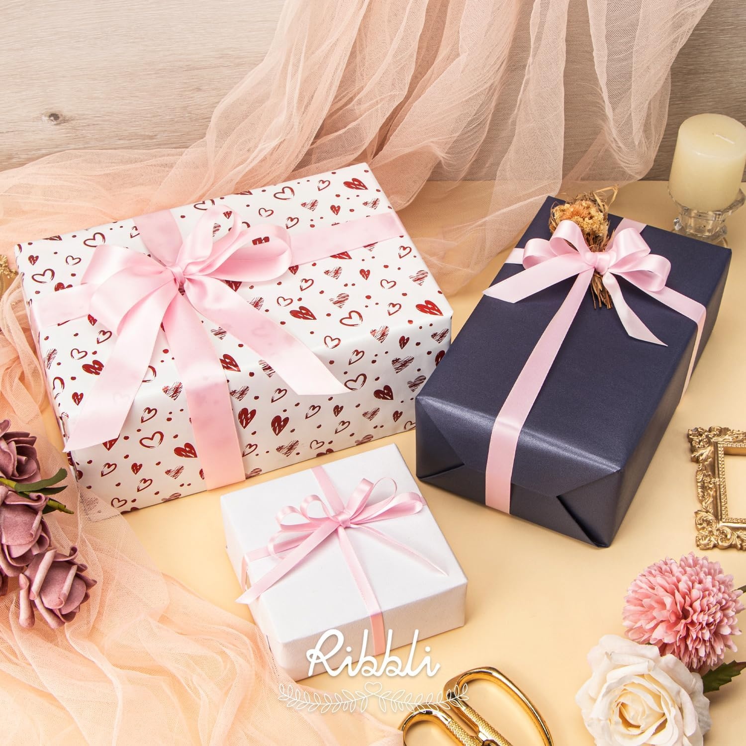 Ribbli 3 Rolls Double Faced Satin Red Craft Ribbon,Total 30 Yards,(1/4 Inch x 10-Yard,5/8 Inch x 10-Yard,1 Inch x 10-Yard),Use for Bows Bouquet,Wreath,Gift Wrapping,Christmas Decoration(Light Pink)