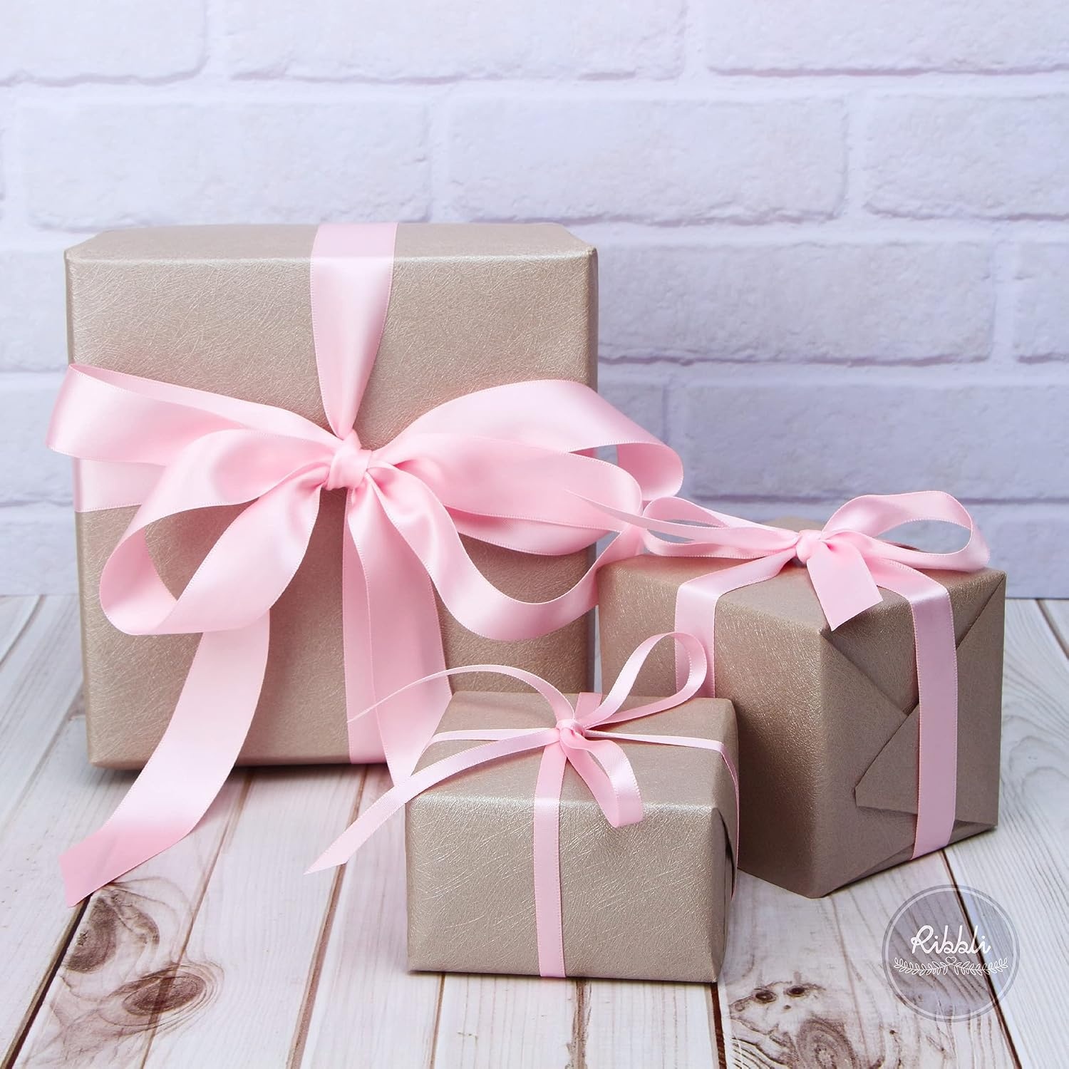 Ribbli 3 Rolls Double Faced Satin Red Craft Ribbon,Total 30 Yards,(1/4 Inch x 10-Yard,5/8 Inch x 10-Yard,1 Inch x 10-Yard),Use for Bows Bouquet,Wreath,Gift Wrapping,Christmas Decoration(Light Pink)