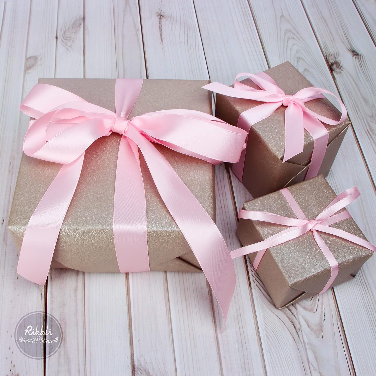 Ribbli 3 Rolls Double Faced Satin Red Craft Ribbon,Total 30 Yards,(1/4 Inch x 10-Yard,5/8 Inch x 10-Yard,1 Inch x 10-Yard),Use for Bows Bouquet,Wreath,Gift Wrapping,Christmas Decoration(Light Pink)