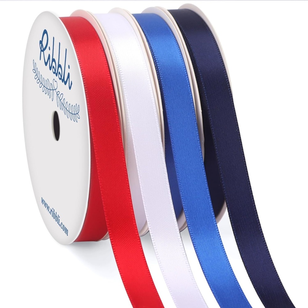Ribbli Dusty Blue Satin Ribbon 3/8 Inch x 4 Rolls Total 40 Yards- Light Blue/Dusty Blue/Smoke Blue/Light Navy Ribbon for Wrapping and Craft(Red/White/Blue/Navy)