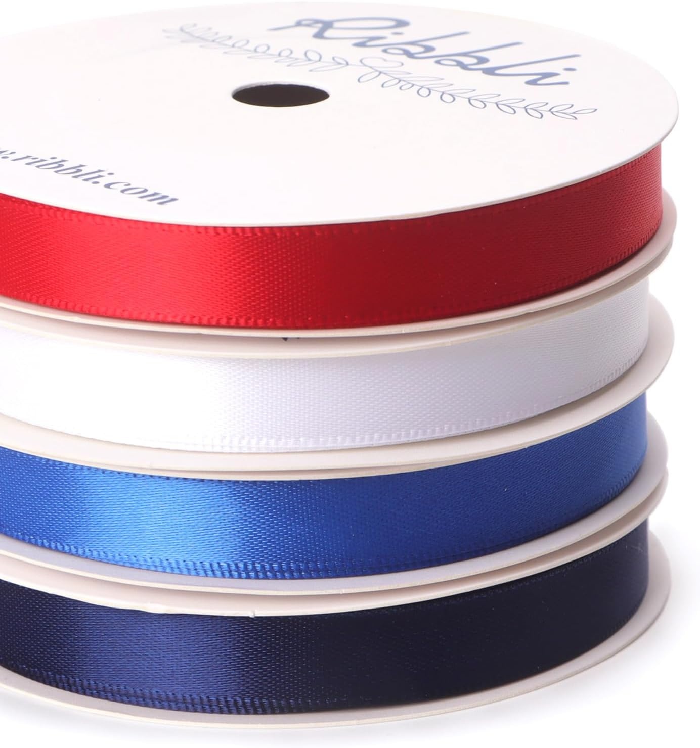 Ribbli Dusty Blue Satin Ribbon 3/8 Inch x 4 Rolls Total 40 Yards- Light Blue/Dusty Blue/Smoke Blue/Light Navy Ribbon for Wrapping and Craft(Red/White/Blue/Navy)
