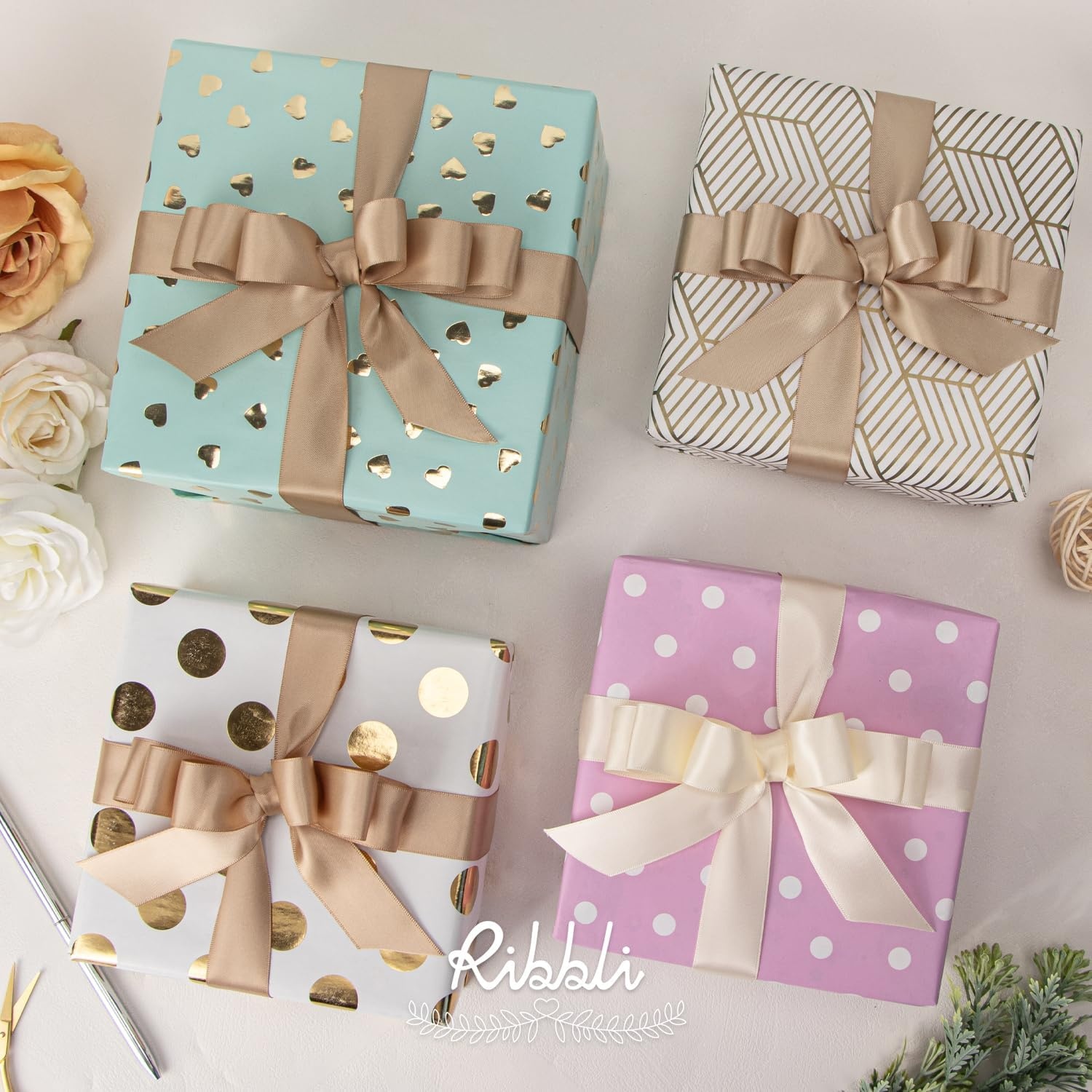 Ribbli Dusty Blue Satin Ribbon 3/8 Inch x 4 Rolls Total 40 Yards- Light Blue/Dusty Blue/Smoke Blue/Light Navy Ribbon for Wrapping and Craft(Champagne)
