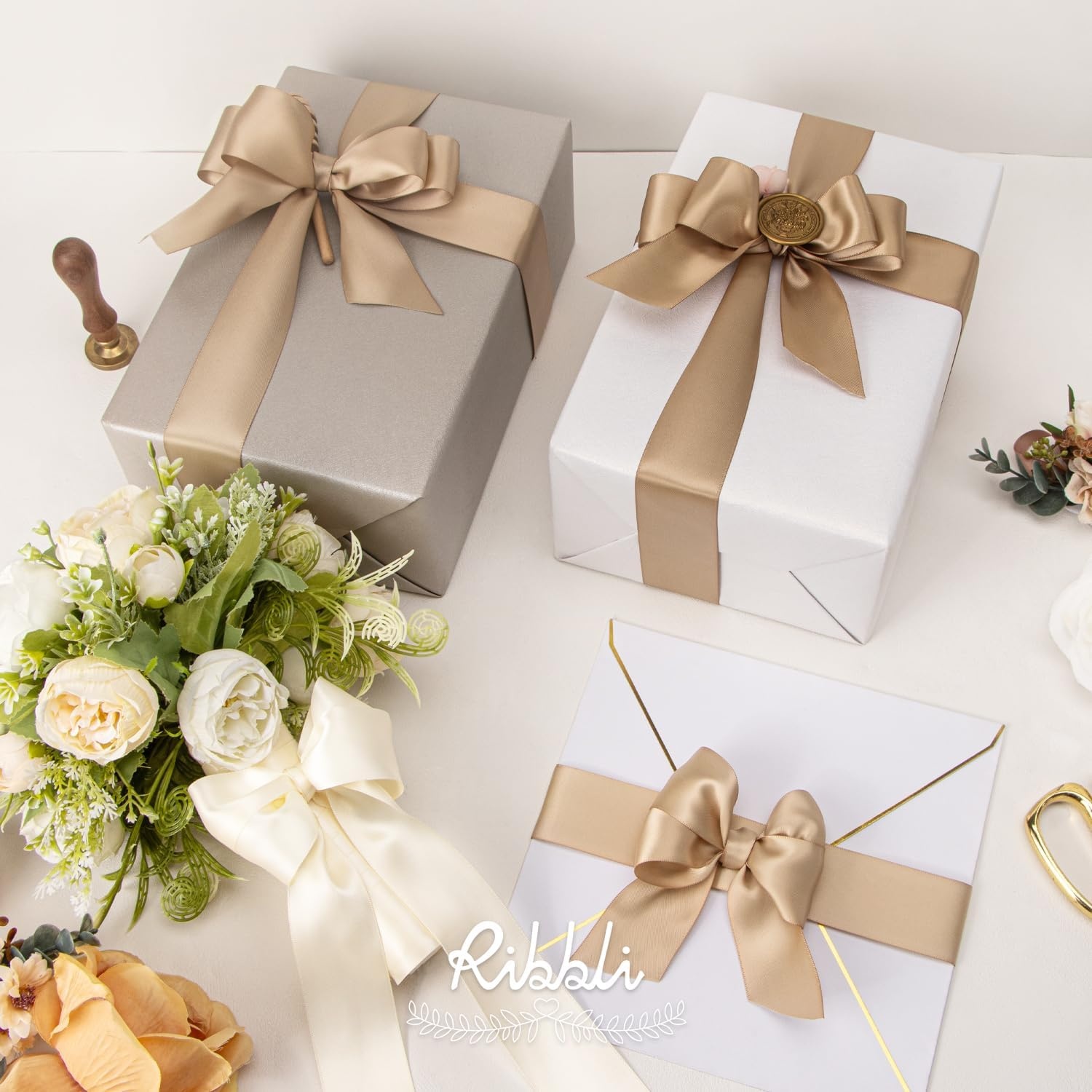 Ribbli Dusty Blue Satin Ribbon 3/8 Inch x 4 Rolls Total 40 Yards- Light Blue/Dusty Blue/Smoke Blue/Light Navy Ribbon for Wrapping and Craft(Champagne)