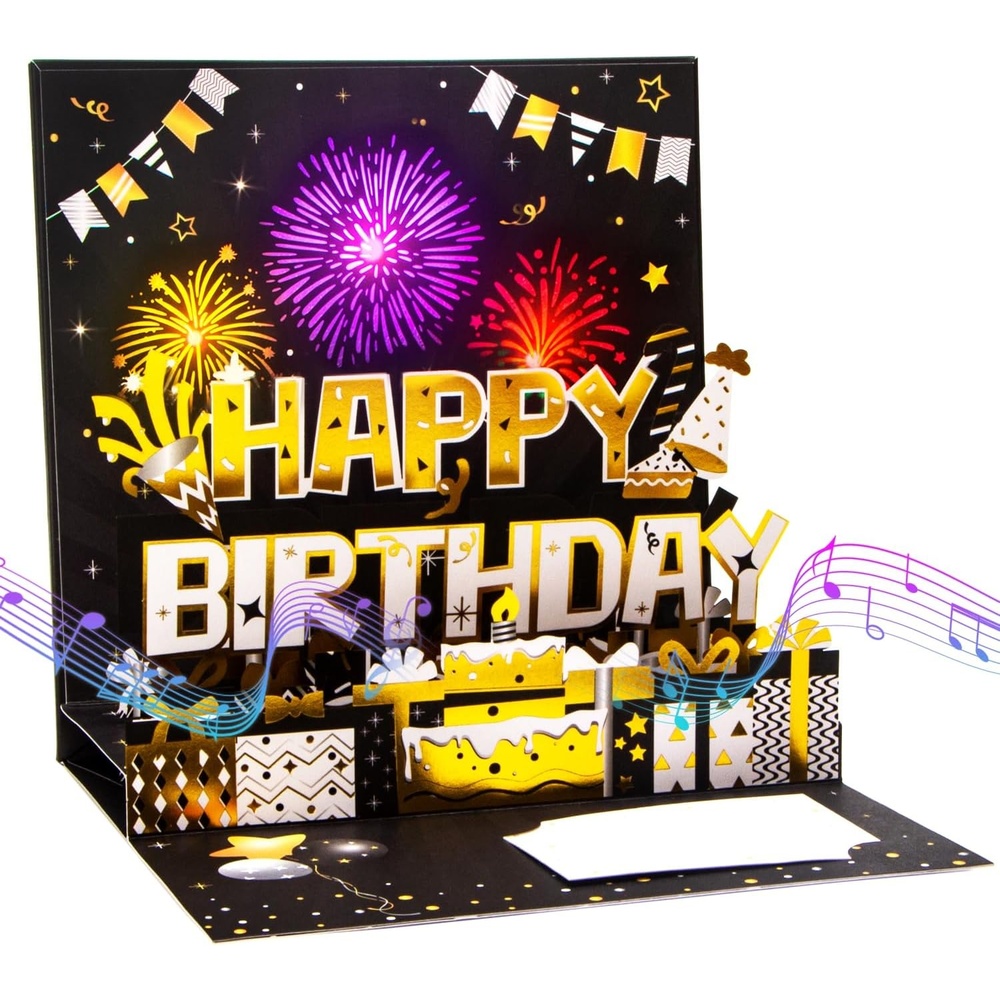 Ribbli Birthday Cards, Fireworks with Light and Music, Musical Pop Up Birthday Card for Men Women, 7.1 x 7.1 Inches with Envelope