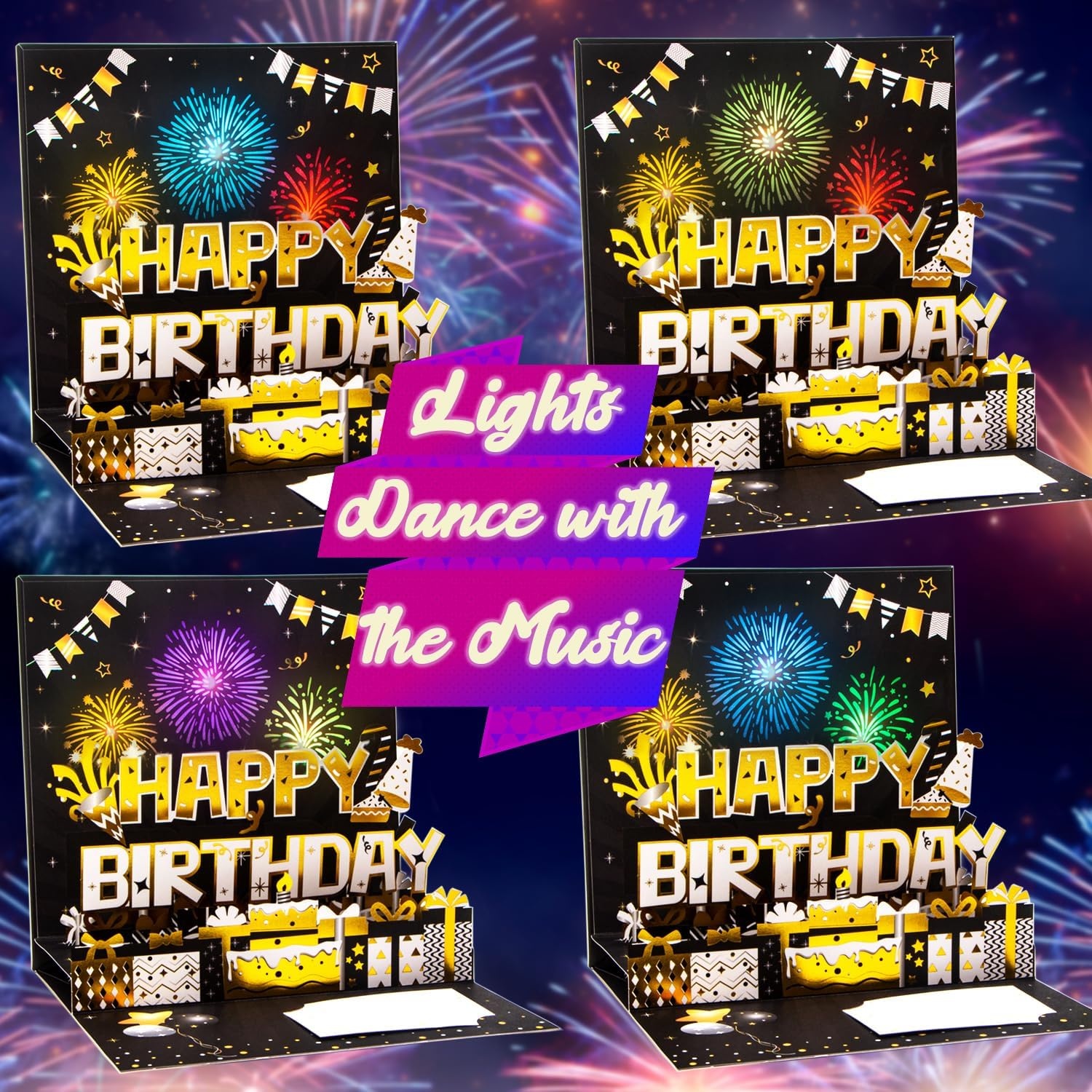 Ribbli Birthday Cards, Fireworks with Light and Music, Musical Pop Up Birthday Card for Men Women, 7.1 x 7.1 Inches with Envelope